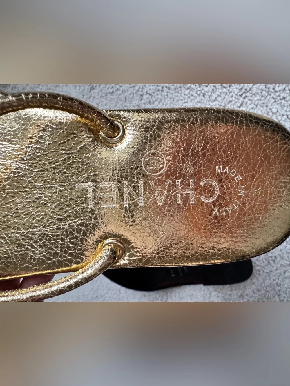 26S Chanel Thong Sandals, Laminated Gold Calfskin, Size 38